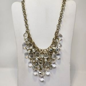 Graziano Clear Faceted Bead Tiered Bib Necklace Gold Tone Statement Jewelry